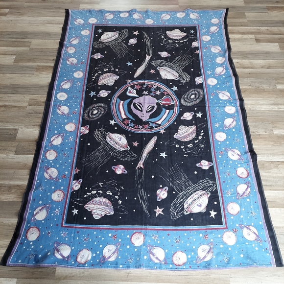 VINTAGE 90s Sacred Threads Wall Tapestry Alien UFO Space - Picture 1 of 11